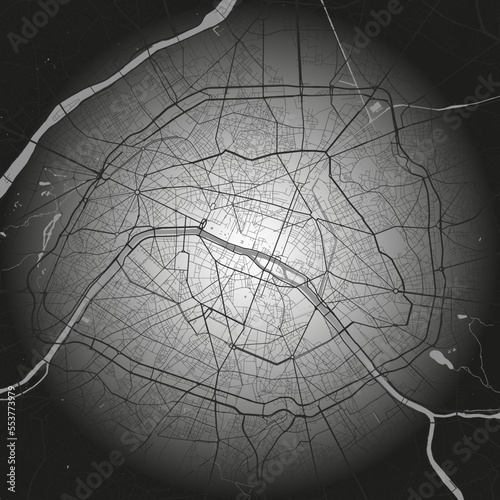 Paris city center map with shadow. Grayscale art poster, street map image with roads, metropolitan city area view.