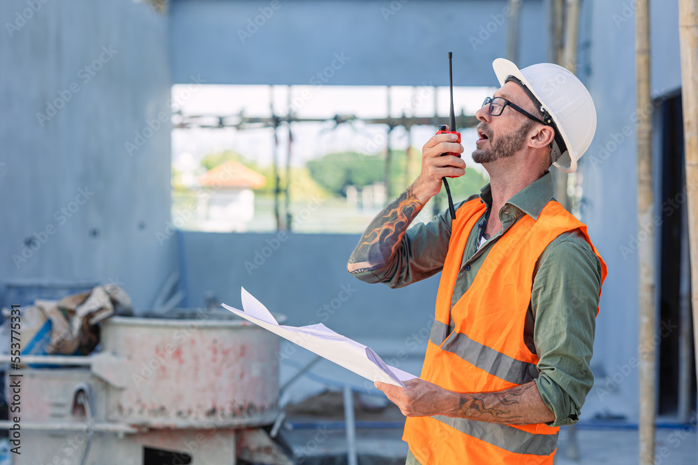 Engineer builder foreman work radio call in construction site. Architect worker project designer leader concept. Engineer builder foreman work radio call in construction site. Architect worker project designer leader concept.