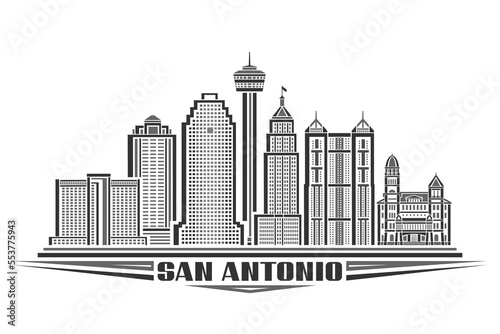 Vector illustration of San Antonio, monochrome horizontal poster with linear design famous american city scape, urban line art concept with decorative letters for words san antonio on white background