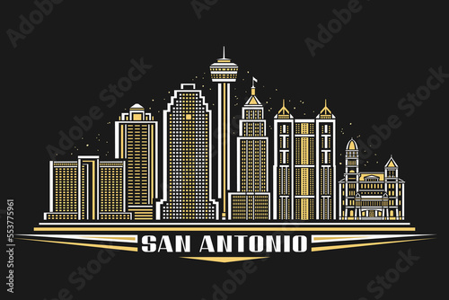 Vector illustration of San Antonio, horizontal poster with linear design illuminated american city scape on dusk sky background, urban line art concept with decorative lettering for words san antonio
