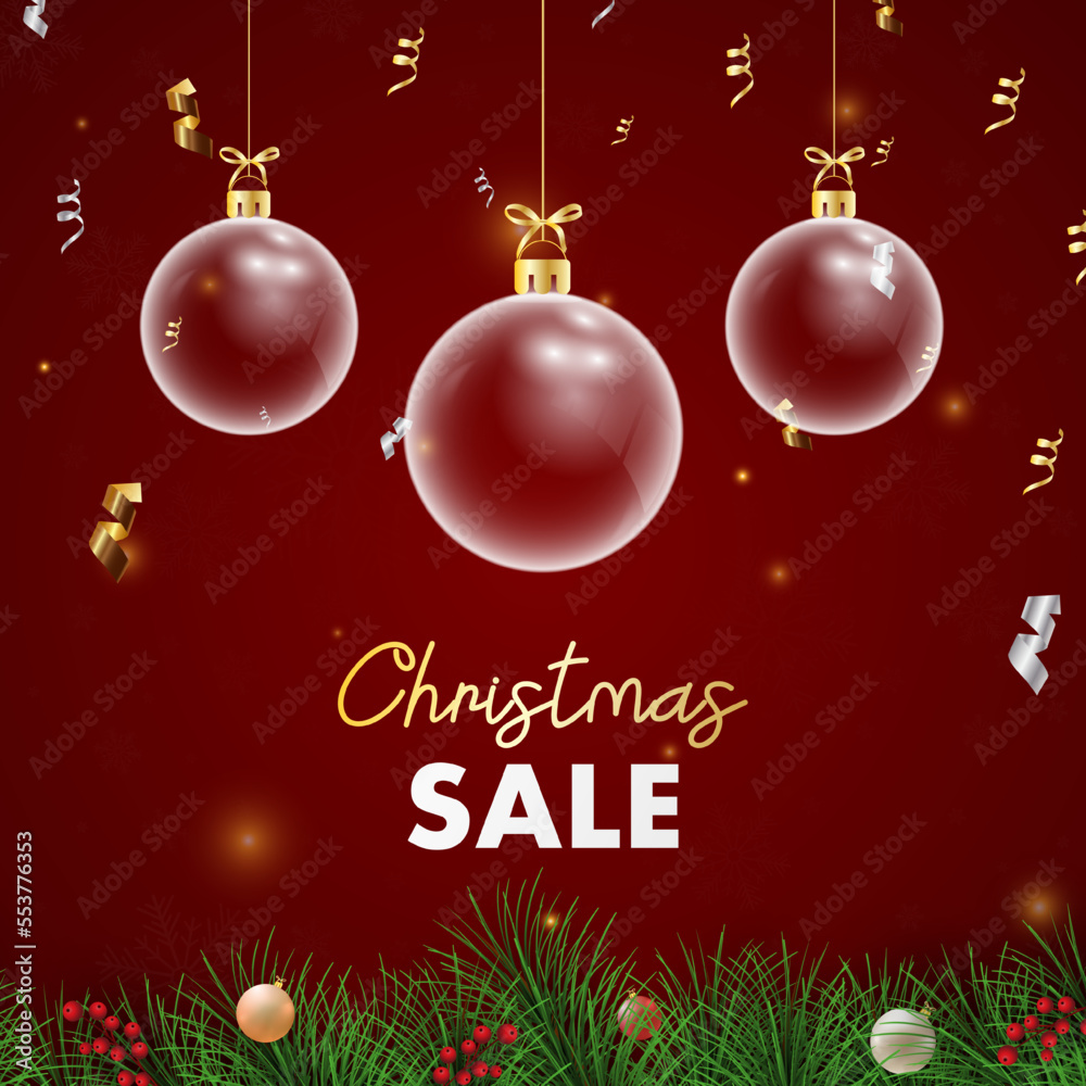 Christmas ball on red background with confetti. Merry Christmas and happy new year with Christmas ball and fir branches on red background. Christmas and new year background holiday. Vector illustrat
