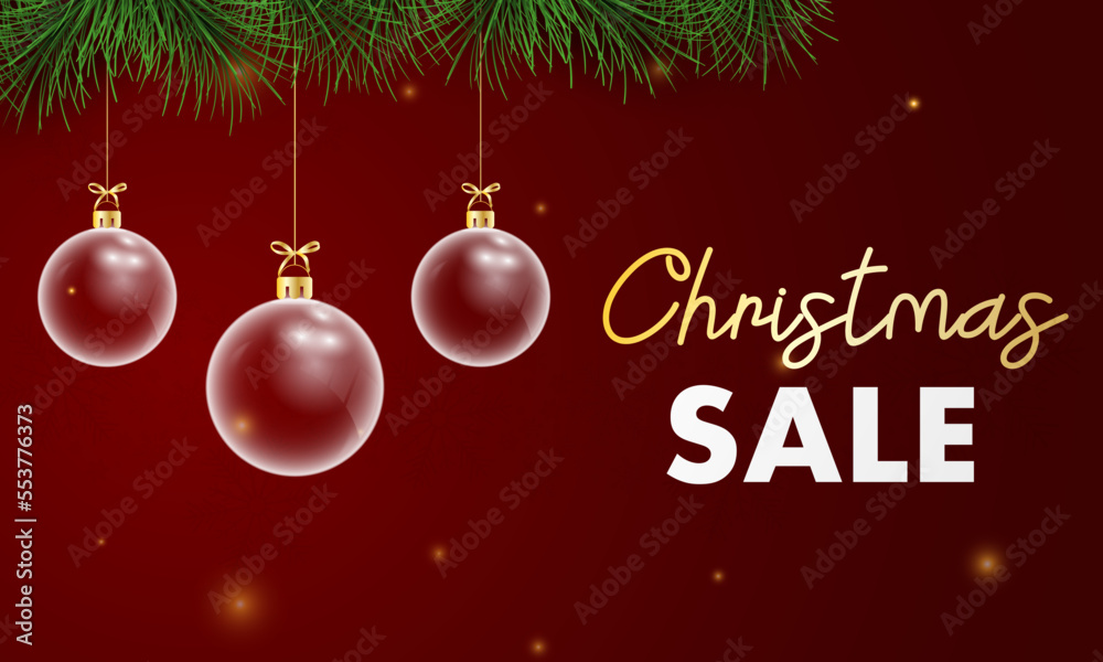 Christmas ball on red background. Merry Christmas and happy new year with Christmas ball and fir branches on red background. Christmas and new year background holiday. Vector illustration