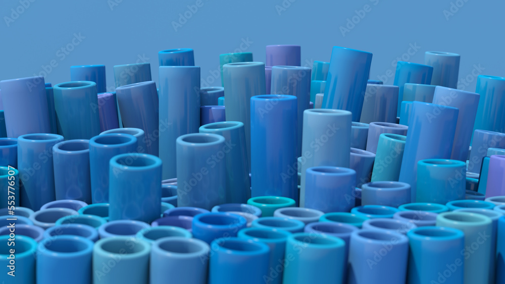 Fototapeta premium Group of blue tubes. Blue background, close-up. Abstract illustration, 3d render.