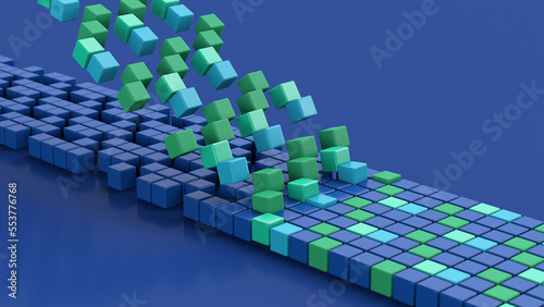 Group of colorful cubes in a row, blue background. Abstract illustration, 3d render.