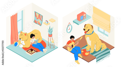 Cat and dog lovers rooms - modern vector colorful isometric illustration