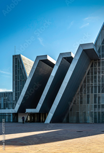 Facade of the Zaragoza Conference Center (Palacio de Congresos). Futuristic architecture in Zaragoza, Spain