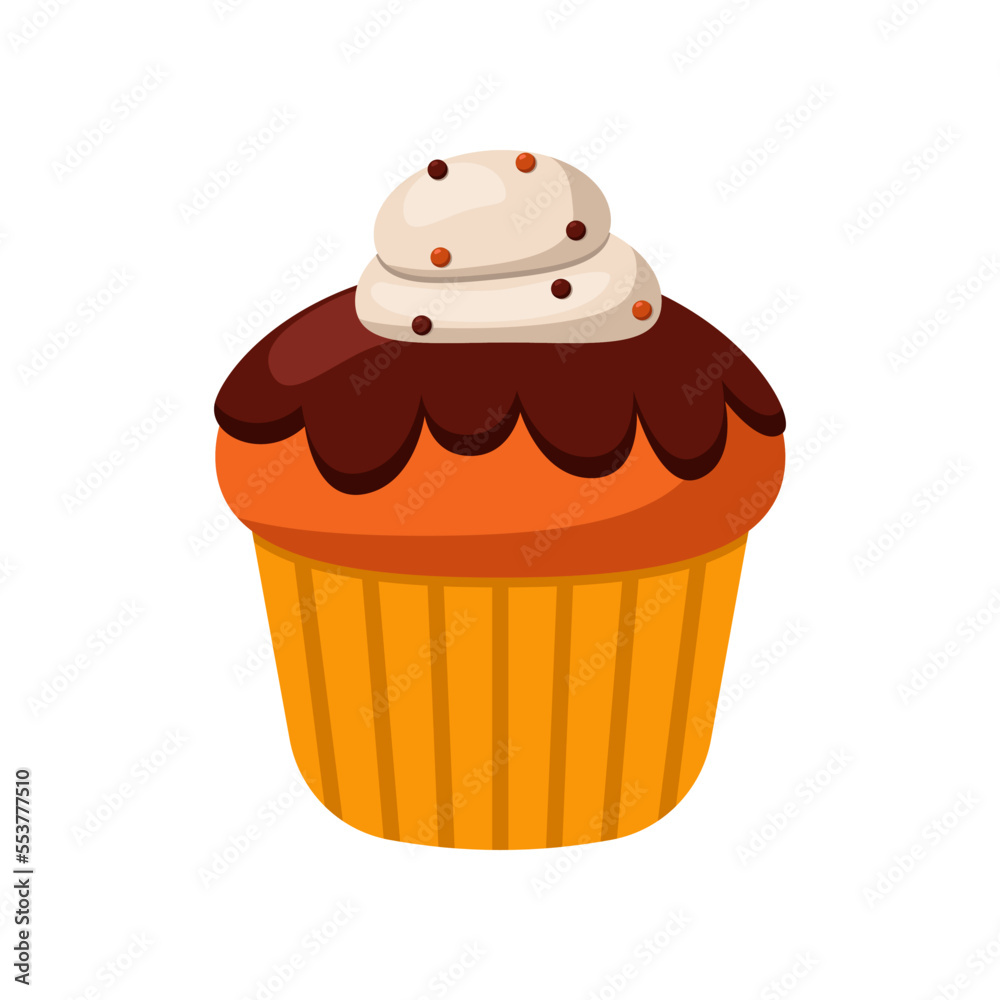 Homemade chocolate muffin cartoon illustration. Sweet fall and Halloween dessert isolated on white background. Food, beverage concept. Homemade chocolate muffin cartoon illustration. Sweet fall and Halloween dessert isolated on white background. Food, beverage concept.