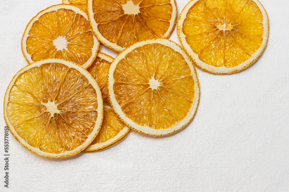 Dried orange slices. Copy space. Dried orange slices. Copy space.
