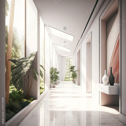 Modern contemporary luxury interior design, a combination of white wall color and furniture with plenty of fresh houseplants. 3d rendering of the corridor, hall. Generative AI.
