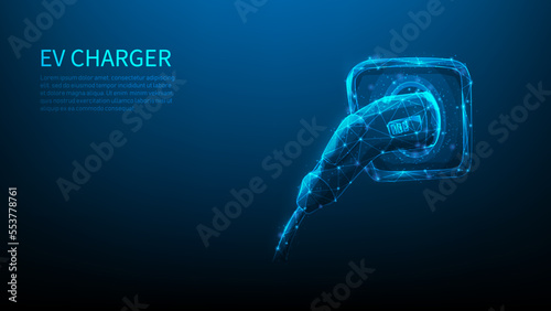 ev car charger digital technology on blue dark background. electric car charging power battery. innovation sustainable future vehicle. renewable energy transportation system. vector illustration.