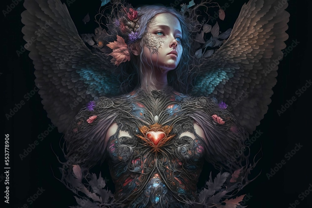 Fototapeta premium Portrait of an angelic being in ornate armour. Generative AI, this image is not based on any original image, character or person.