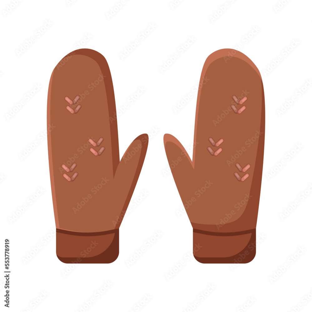 Brown mittens from wool vector illustration. Crochet, handmade woollen mittens on white background. Winter or autumn, clothes, accessories concept Brown mittens from wool vector illustration. Crochet, handmade woollen mittens on white background. Winter or autumn, clothes, accessories concept
