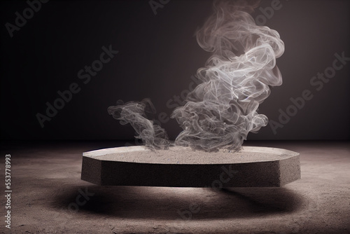 Gray textured concrete platform, podium or table with smoke on gray background