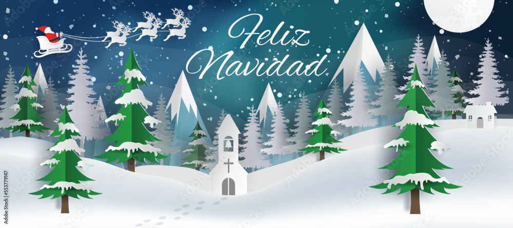 tarjeta o pancarta en Feliz Navidad en blanco sobre un fondo azul con luces del norte, copos de nieve, trineo de Papá Noel y una colina nevada con abetos