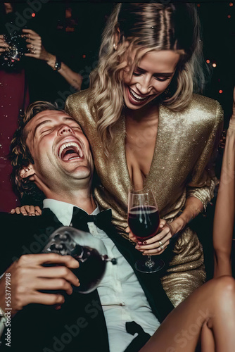 Illustration of a crazy party with many young people having a good time in a club. They celebrate, drink and dance. A couple in love enjoying during New Year's Eve. Generative AI.