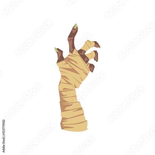 Creepy zombie or mummy hand vector illustration. Horror, walking dead, monsters for Halloween. Cartoon drawing of rotting arm wrapped in bandages isolated on white background. Halloween concept