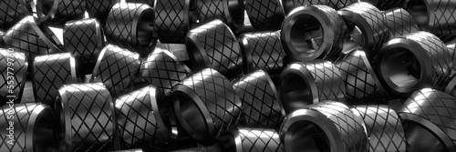 Colored cylindrical objects. Mechanical parts. 3d rendering