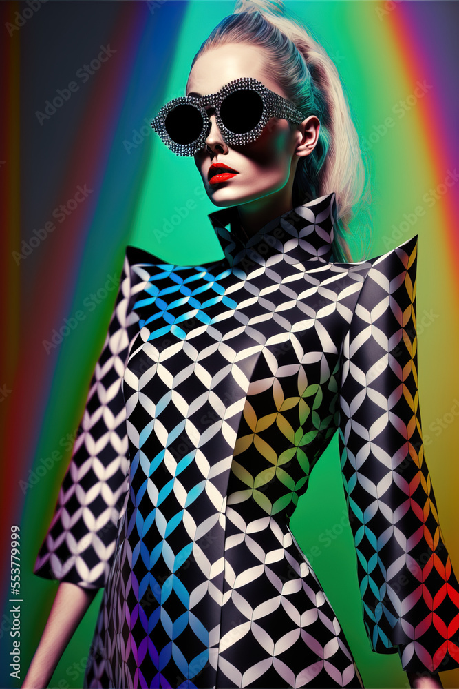 Portrait of a young beautiful fashionable girl with big sunglasses. Neon, cyber lights. Fashion elegant illustration with modern futuristic style. Generative AI. Portrait of a young beautiful fashionable girl with big sunglasses. Neon, cyber lights. Fashion elegant illustration with modern futuristic style. Generative AI.