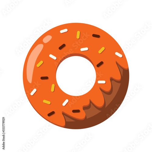 Sweet chocolate and pumpkin donut cartoon illustration. Tasty fall and Halloween dessert isolated on white background. Food, beverage concept.