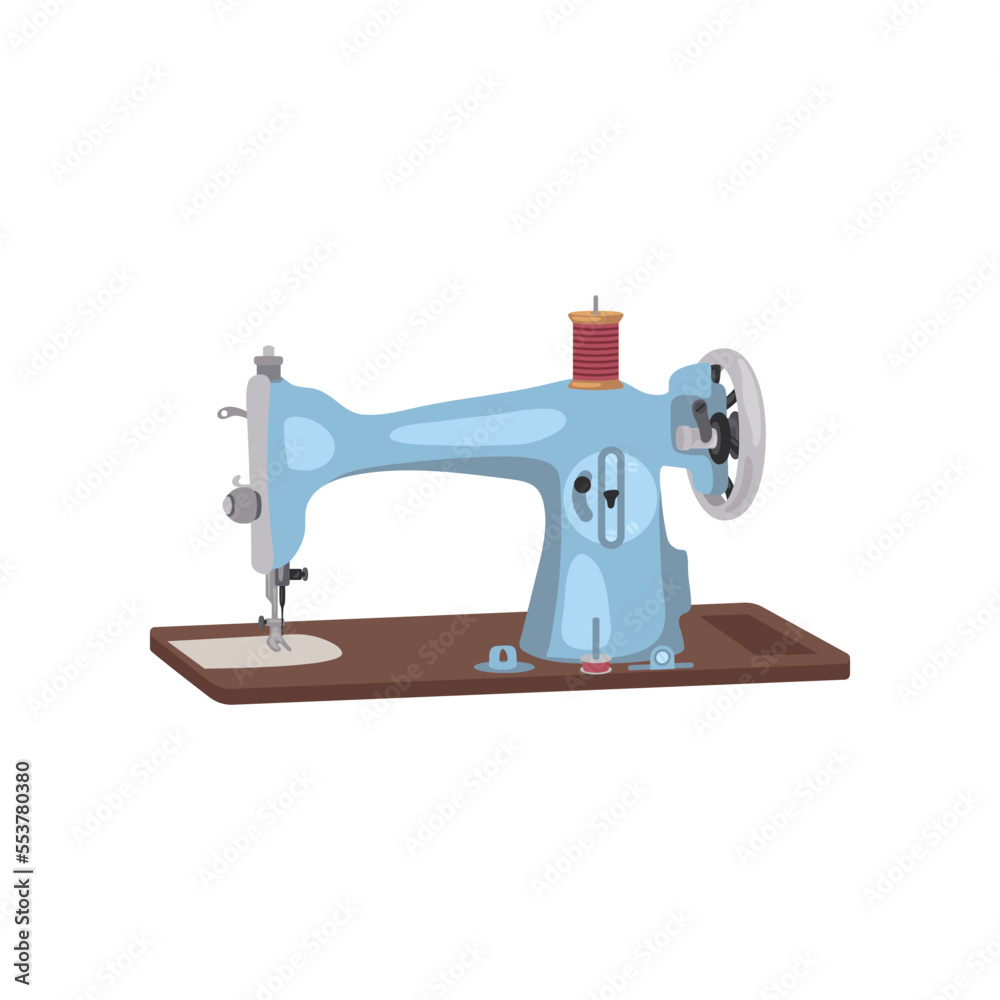 Blue vintage retro antique sewing machine. Vector illustration