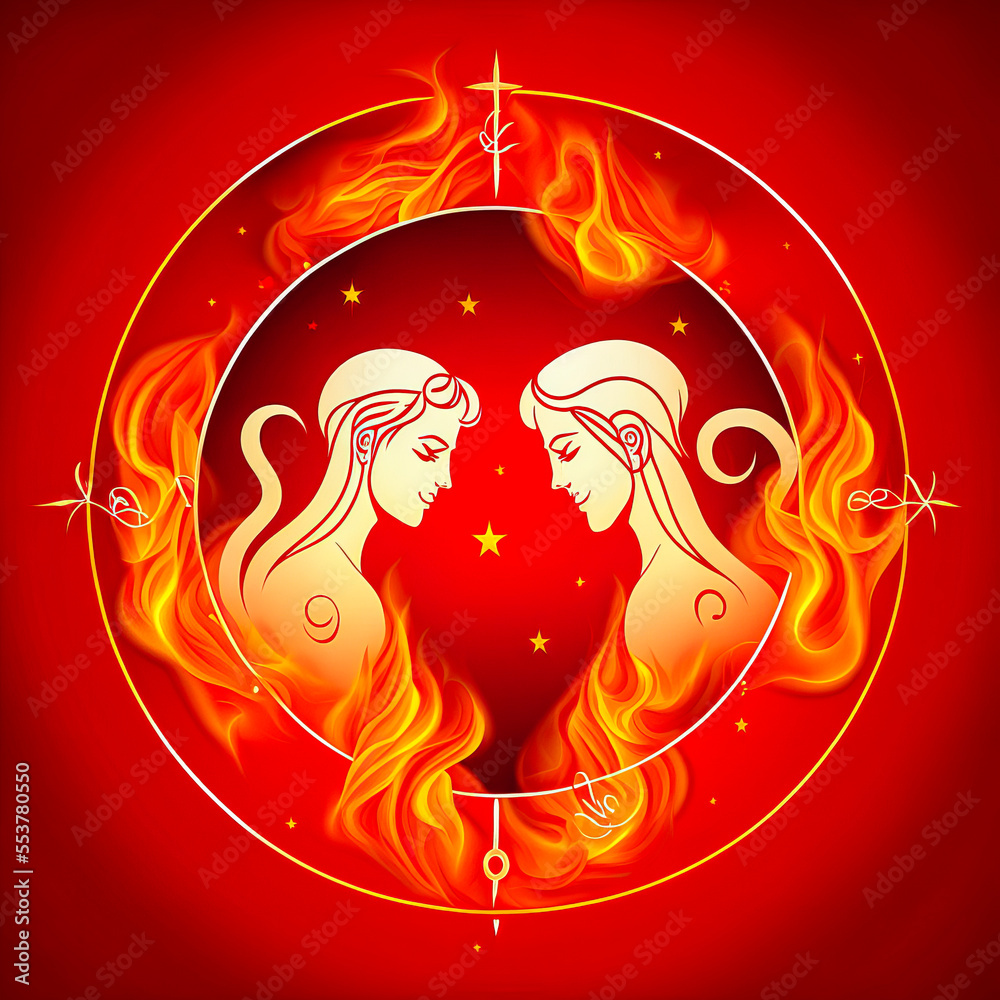 Gemini horoscope symbol in burning red flames and fire of passion