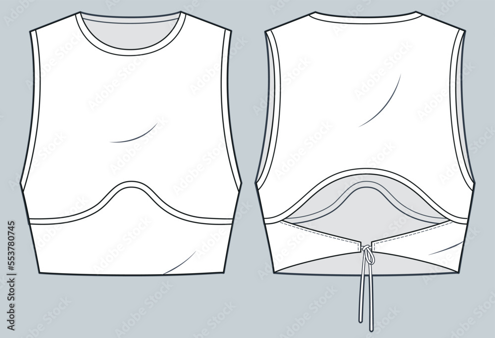 Women's Sport Bra technical fashion illustration. Crop Top fashion flat