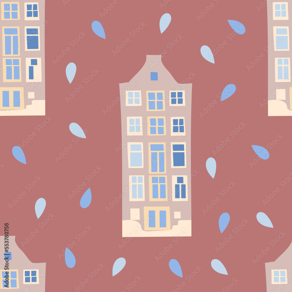Architecture Amsterdam cozy and cute seamless pattern on a pink background.
