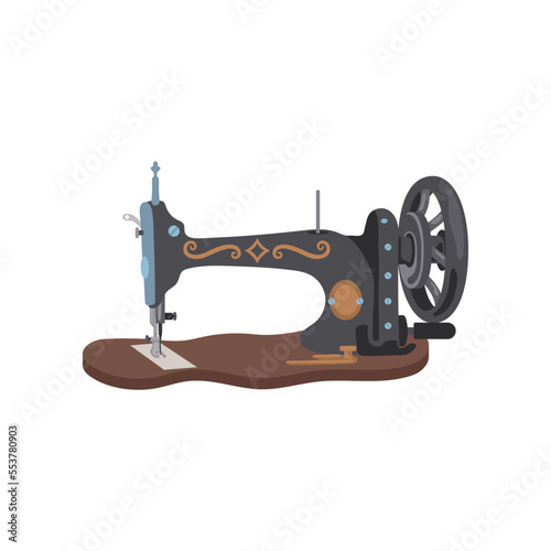 Blue vintage retro antique sewing machine. Vector illustration