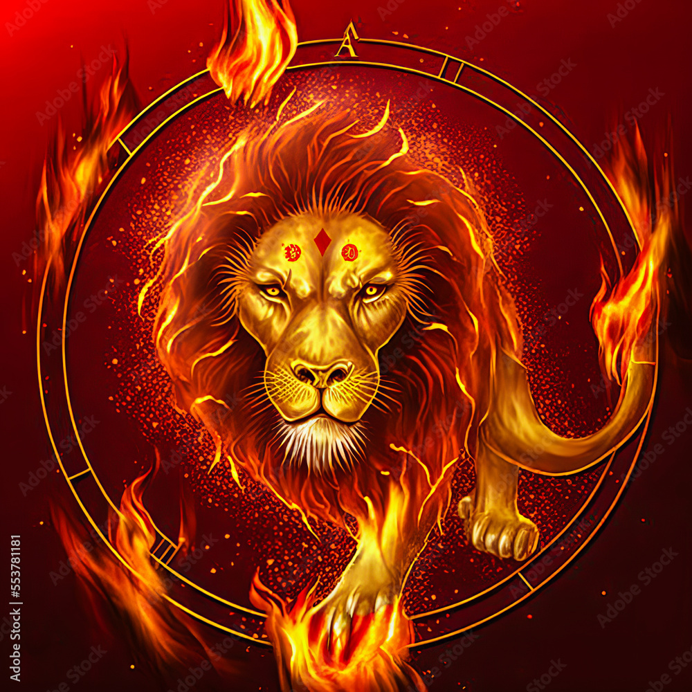 A fiery red circle enclosing the astrological sign of Leo
