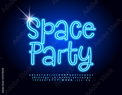 Vector playful emblem Space Party. Bright Creative Font. Blue glowing Alphabet Letters and Numbers set.