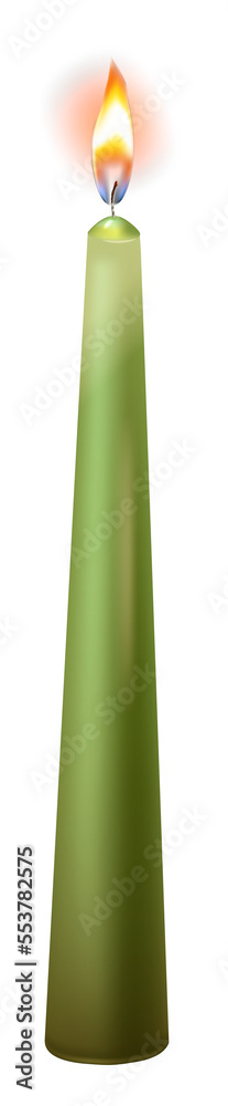 Green wax candle. Realistic mockup. Decorative light