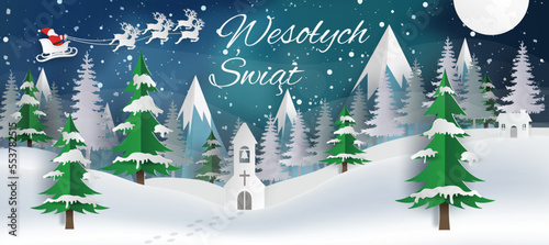 Karta lub baner na Wesołych Świąt w kolorze białym na niebieskim tle z zorzą polarną, płatkami śniegu, saniami Świętego Mikołaja i zaśnieżonym wzgórzem z jodłami