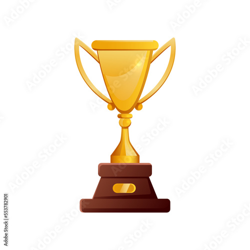 Tall gold award cup for winners and heroes. Vector illustration of champions golden trophy. Cartoon sport game reward, best movie prize, luxury goblet isolated on white background. Victory, triumph