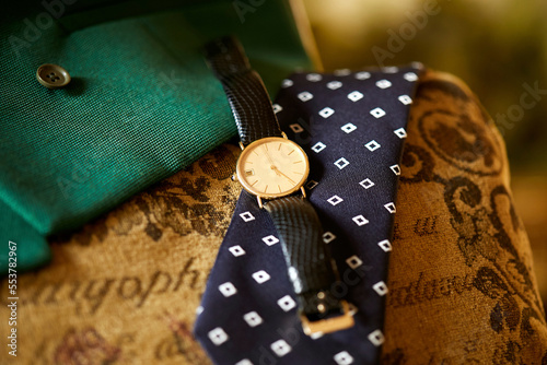 corbata, reloj, postureo, telas, verde, azul, decoración, tecnología photo