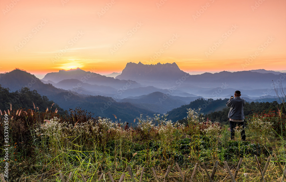 View of Doi Luang Chiang Dao mountain peak and flower blooming forground on Hadubi viewpoint at the sunrise. Hadubi, Wiang Haeng, Chiang Mai, Thailand