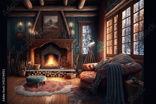 Cozy chalet style rustic living room interior with fireplace and wooden details