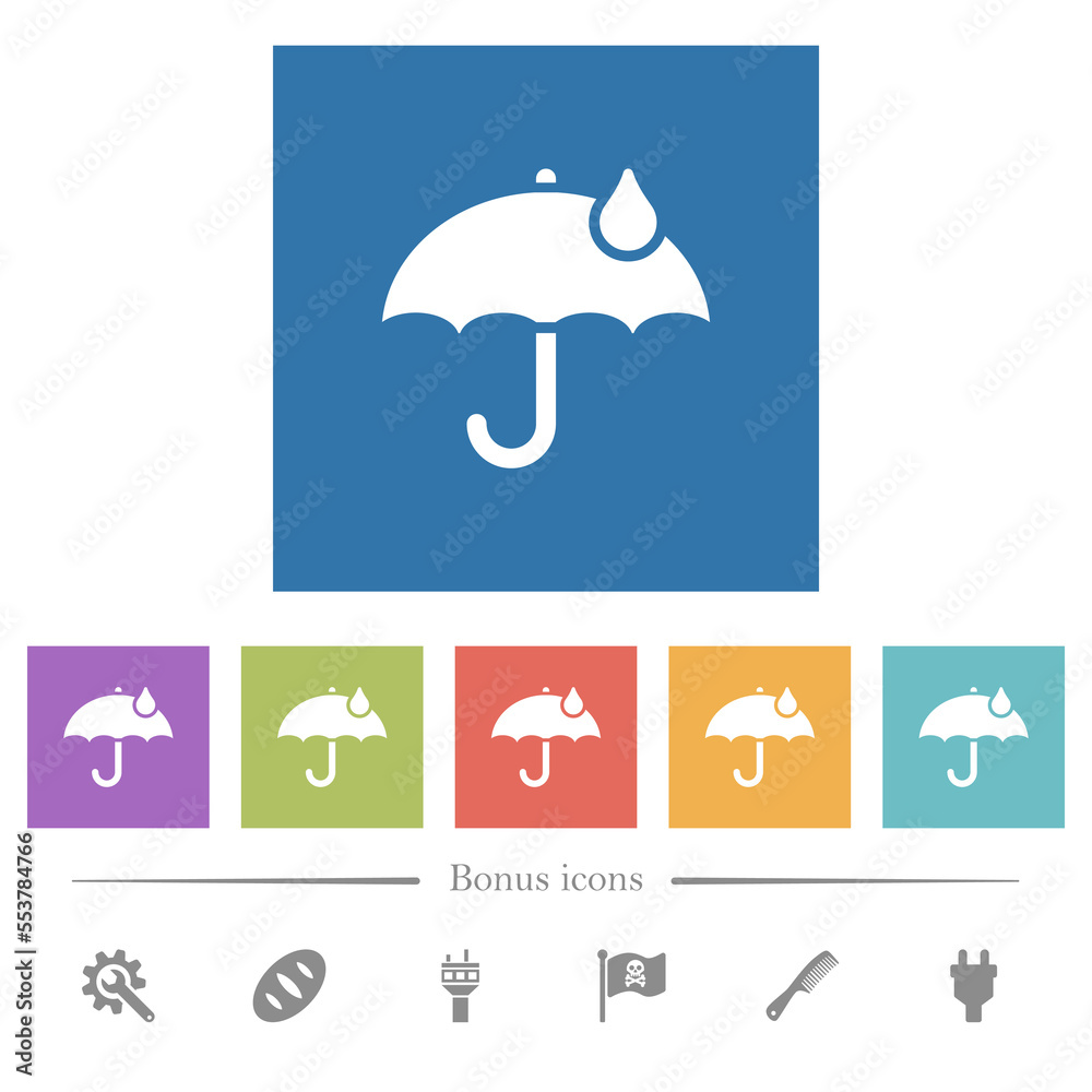 Umbrella with single raindrop solid flat white icons in square backgrounds Umbrella with single raindrop solid flat white icons in square backgrounds