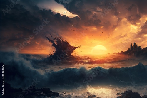 Sunset storm in the ocean, thunderstorm