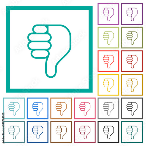 Right handed thumbs down outline flat color icons with quadrant frames