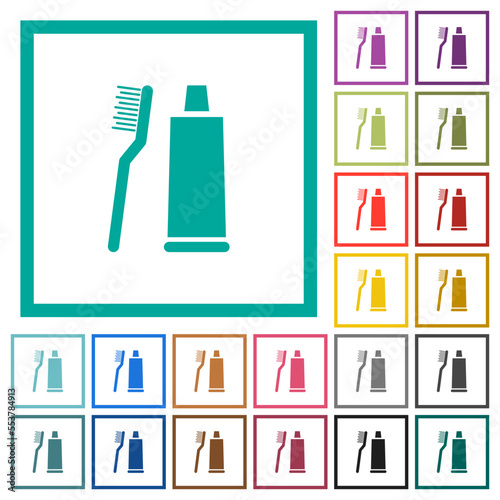 Toothbrush and toothpaste tube flat color icons with quadrant frames