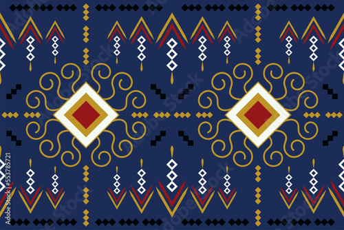 Ethnic fabric pattern geometric style. Sarong Aztec Ethnic oriental pattern traditional blue background. Abstract,vector,illustration. Use for texture,clothing,wrapping,decoration,carpet.