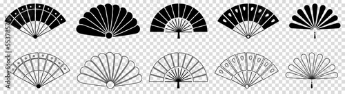 Collection of hand fan icons. Folding eastern accessory. Vector illustration isolated on transparent background
