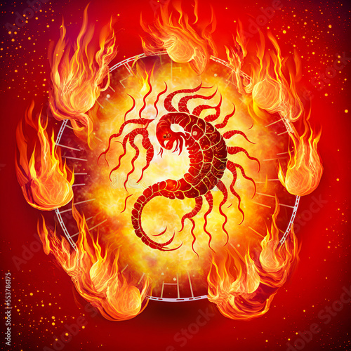 Astrological sign of the scorpio in a circle of fire and red flames. Tones and symbol of hell and passion for a horoscope giving off a lot of energy and heat.