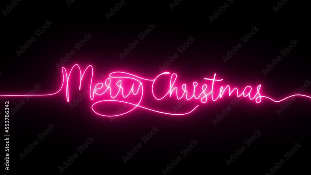 Neon glowing merry christmas line art, hand drawn animation on black background