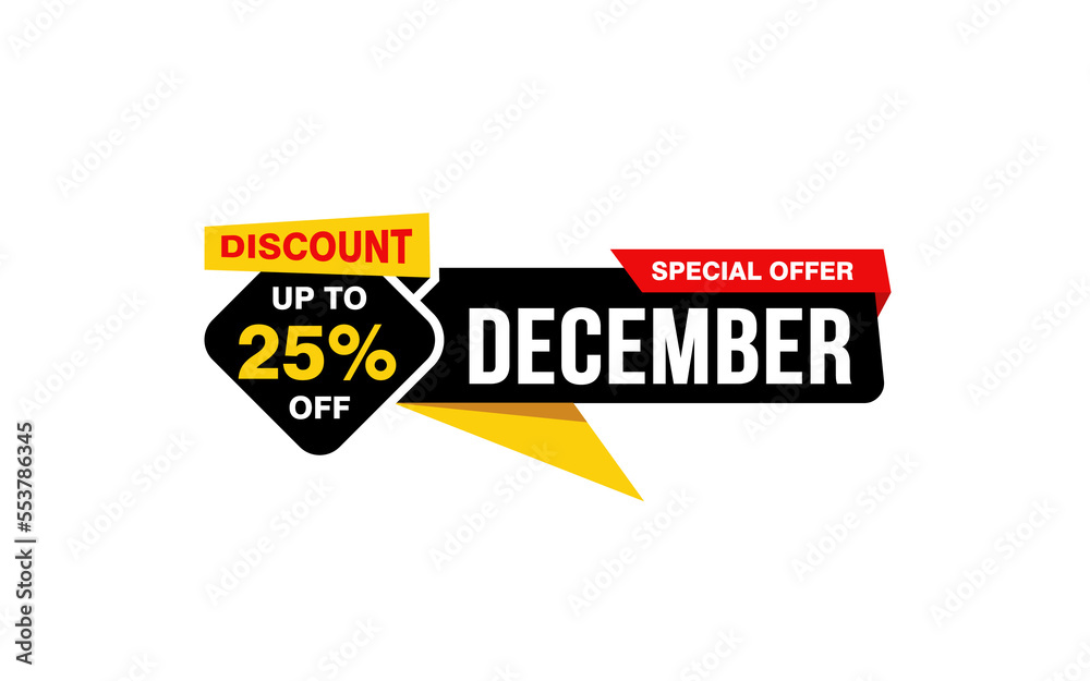 25 Percent december discount offer, clearance, promotion banner layout with sticker style.