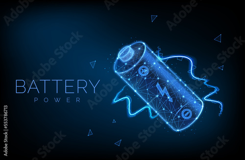 Abstract low poly battery charge from electric discharge or lightning, high voltage, long battery charge and energy, vector illustration.