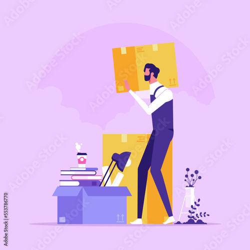 Moving service in new house or apartment. Delivery worker with cardboard boxes for home stuff. Movers moving in new home. We’re moving concept. Vector illustration