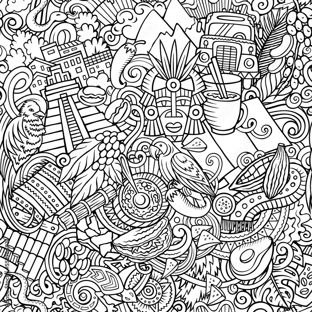 Fototapeta premium Cartoon doodles Guatemala seamless pattern