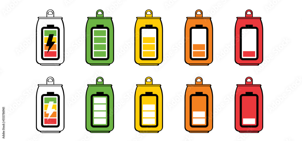 Drawing cartoon energy drink cans. power drink can. Energetic drink in a draw can. Sport, fitness balance concept. Empty or full bottle. battery icon or symbol Drawing cartoon energy drink cans. power drink can. Energetic drink in a draw can. Sport, fitness balance concept. Empty or full bottle. battery icon or symbol