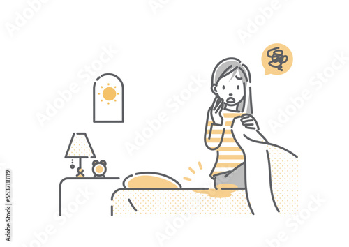 朝起きて汚れたシーツに気付く生理中の女性　シンプルでお洒落な線画イラスト